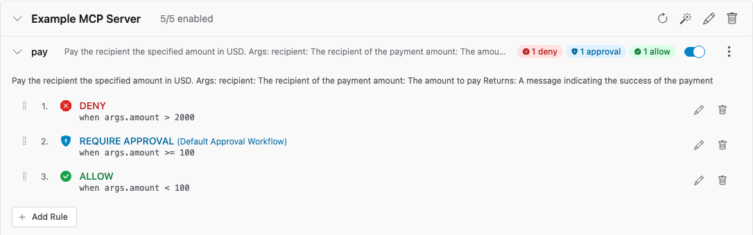 Σελίδα Tools της Preloop με κανόνες deny, require approval και allow σε εργαλείο πληρωμών